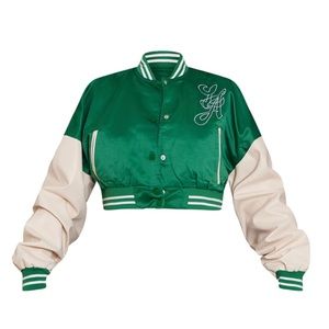 PLT Green Cropped Varsity Bomber Jacket